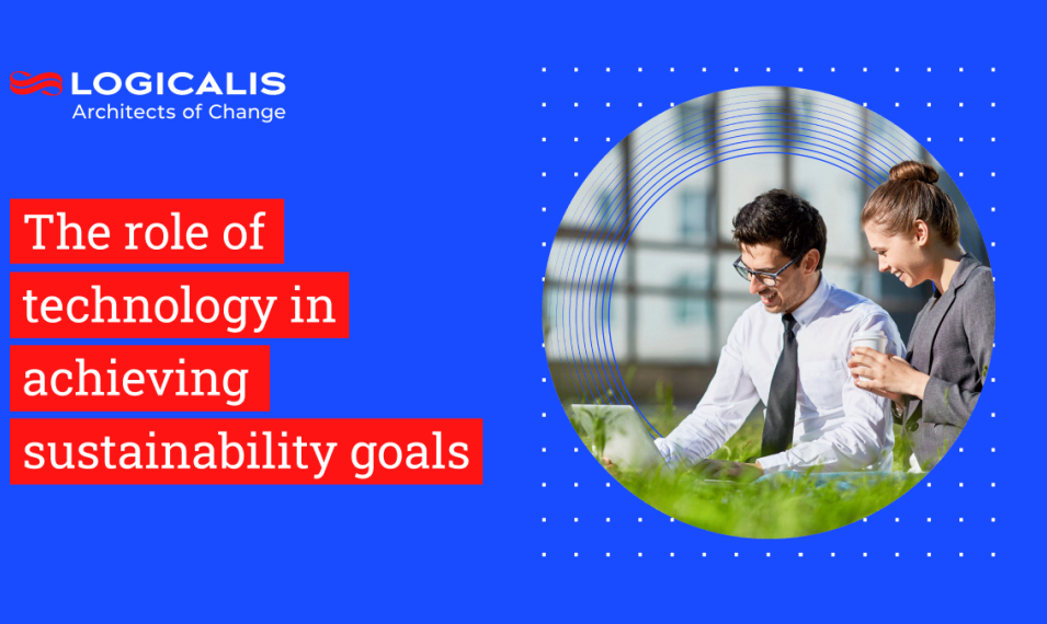 Image of two people working with the title The role of technology in achieving sustainability goals